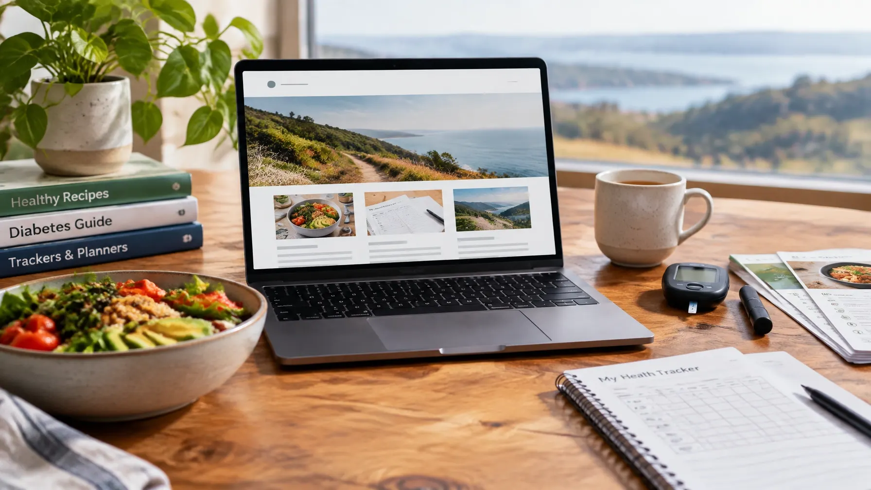 A laptop showing health resources beside a meal, tracker, and glucose meter